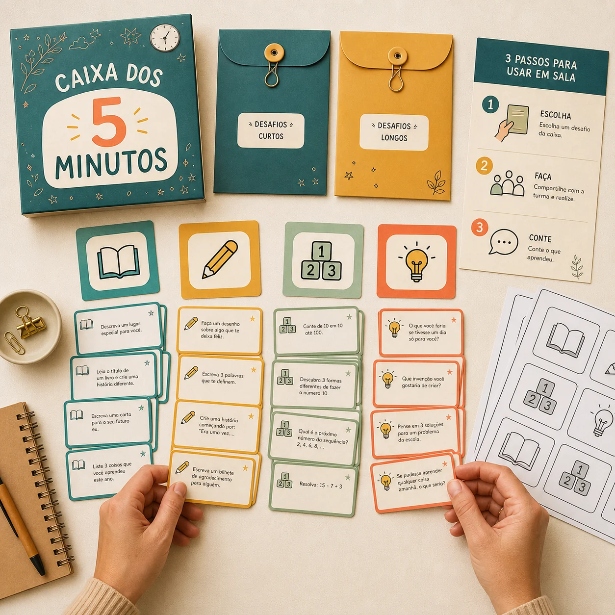 Kit completo com cartões, envelopes e painel da Caixa dos 5 Minutos