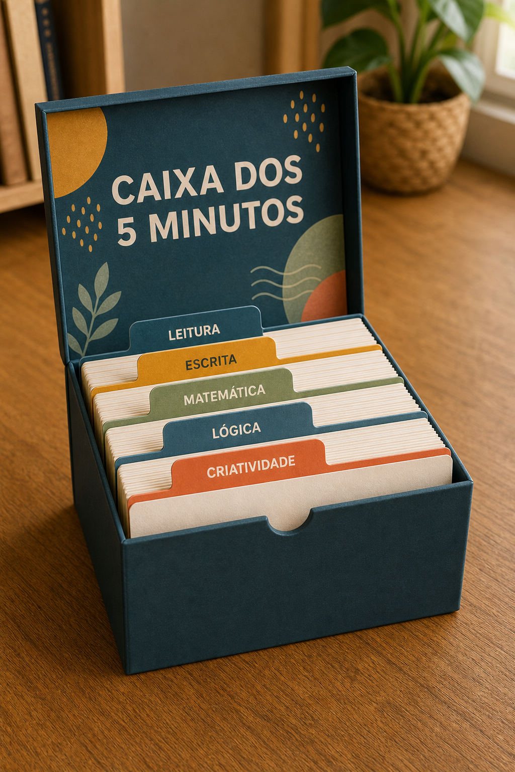 Caixa aberta com cartões e cinco divisórias
